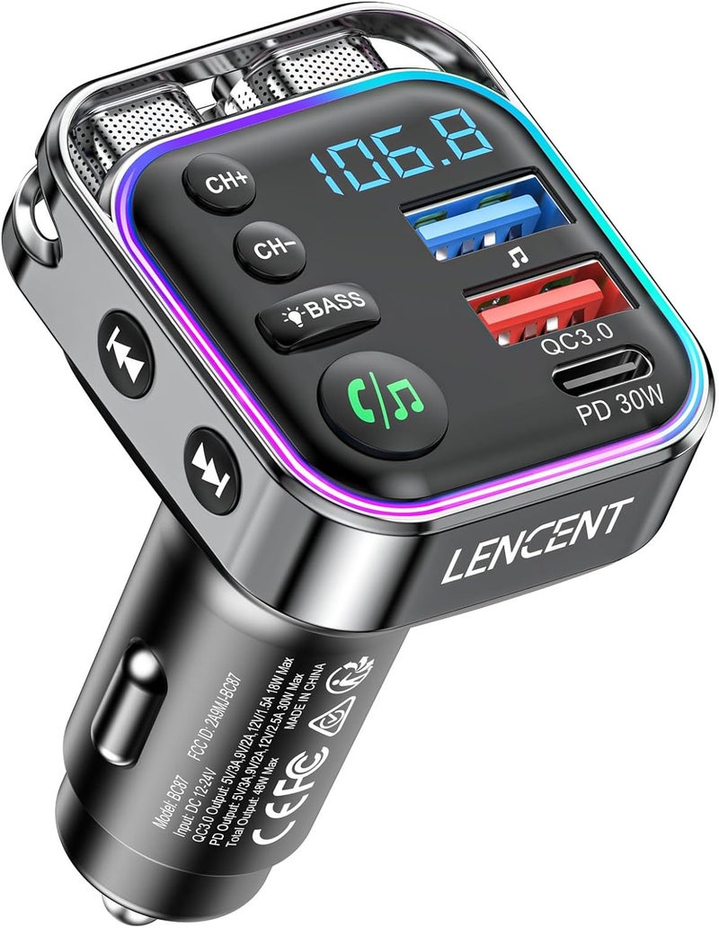 Lencent Bluetooth 5.3 FM Transmitter Car Adapter 48W (PD30W & QC18W) Fast Charger, Light Switch, HiFi Bass Sound Audio Receiver Wireless Radio MP3 Music Player, Hands-Free Calling, Support USB Drive - Image 1